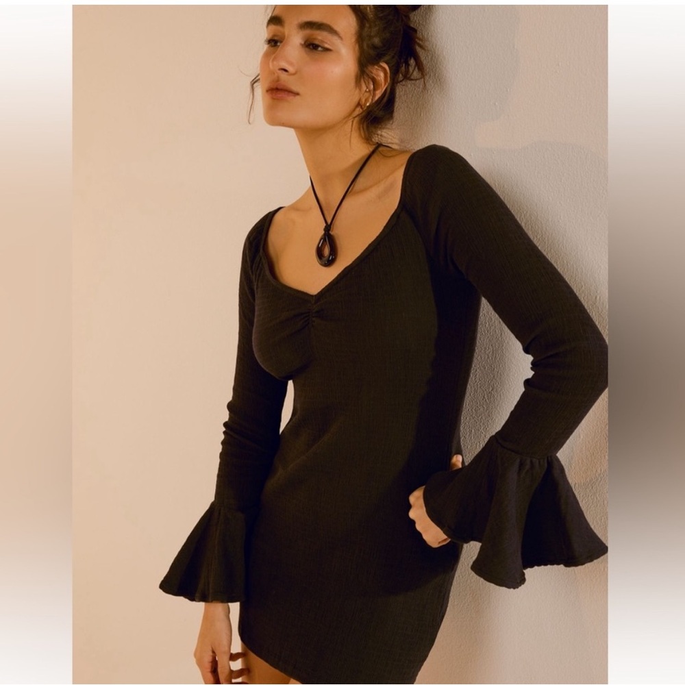 Free People Black Like To Party Exaggerated Long Bell Sleeves Boho Dress NWT XS